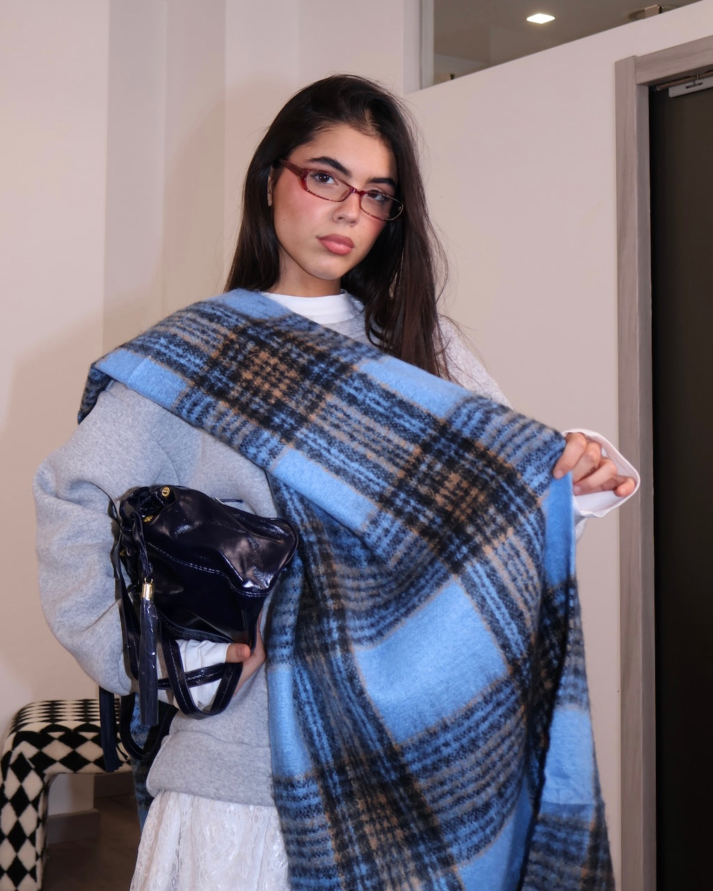 SCIARPA QUADRI CELESTE