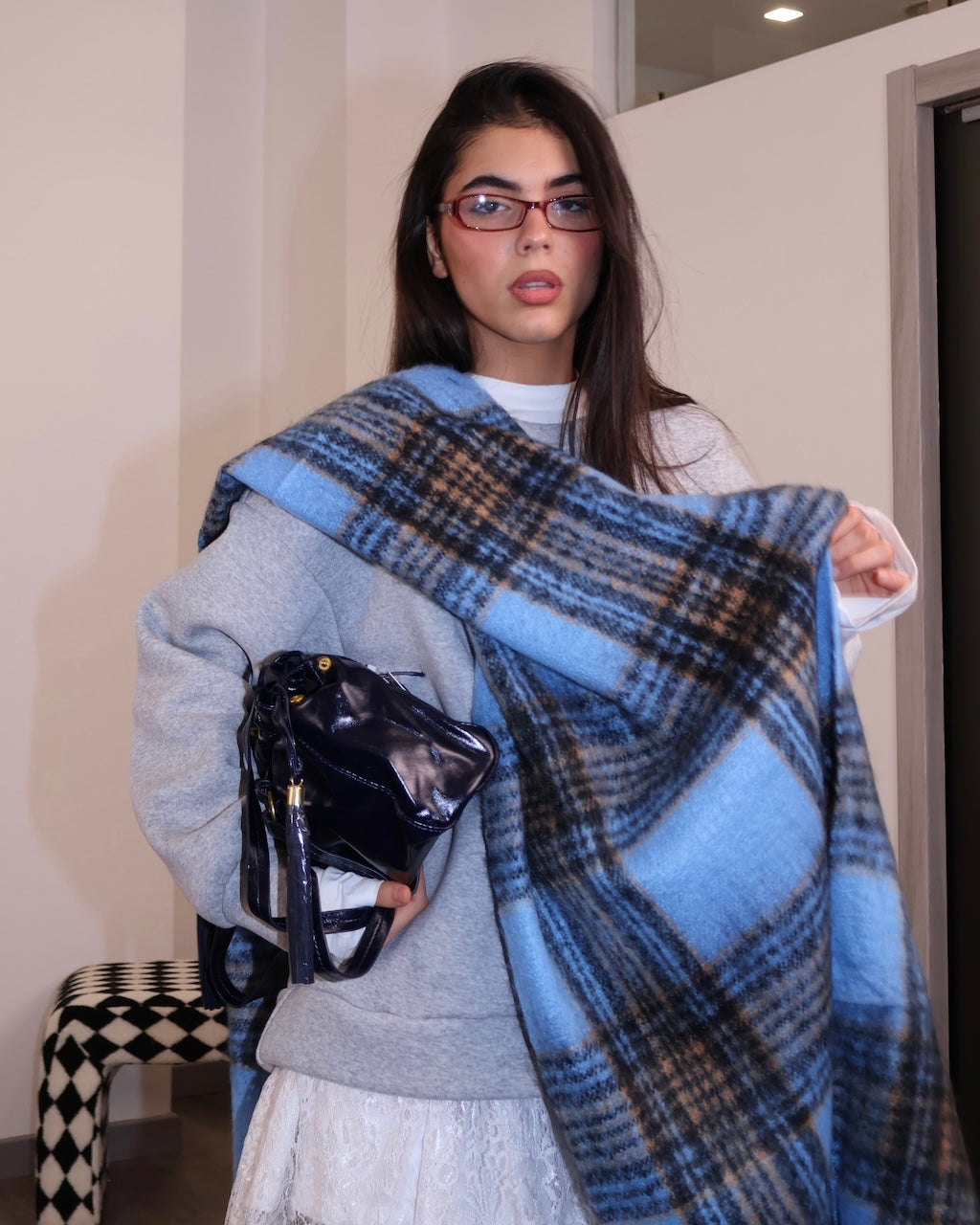 SCIARPA QUADRI CELESTE